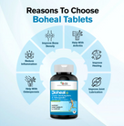 Boheal Tablets bottle with benefits on a light blue background