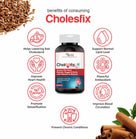 Cholesfix supplement bottle with health benefits listed on a white background