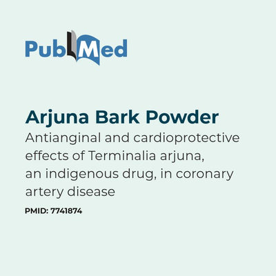 PubMed link to a study on Arjuna Bark Powder with text details on a light blue background