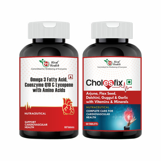 Two supplement bottles labeled 'Omega 3 Fatty Acid, Coenzyme Q10 & Lycopene with Amino Acids' and 'Cholesfix' on a white background.