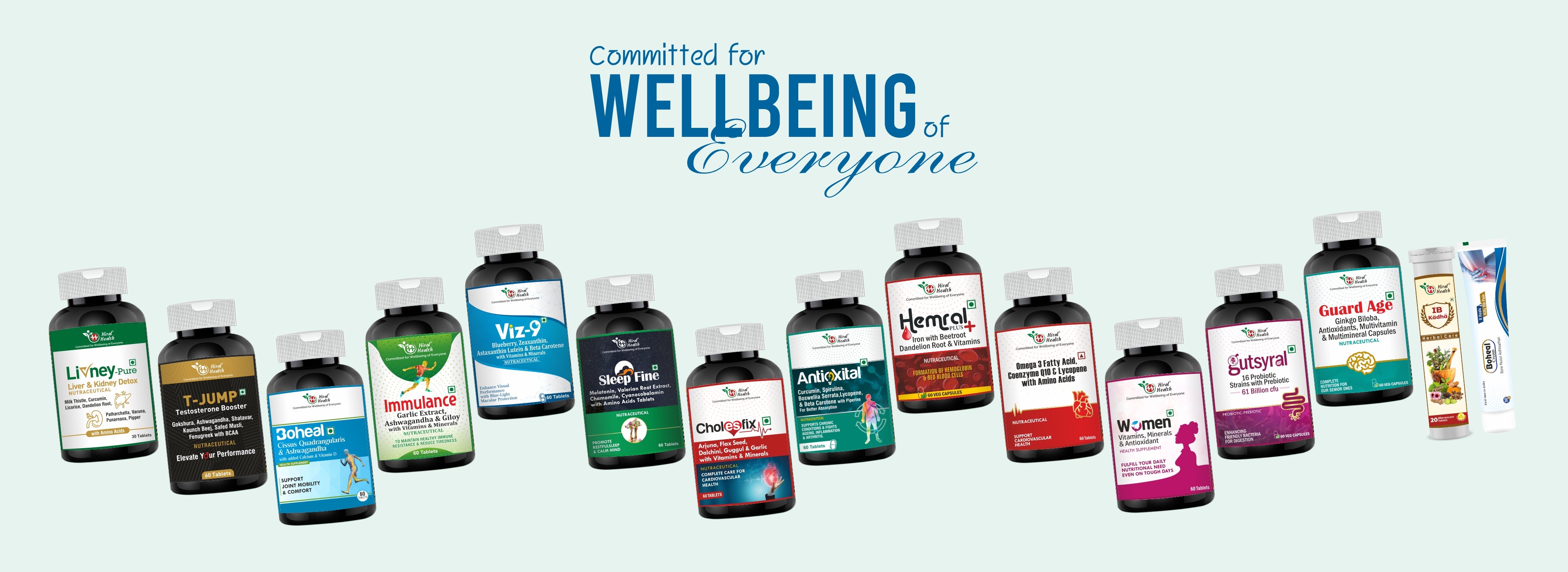 Row of hiral health supplement bottles with a focus on health and wellness.