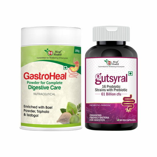 Two health products, GastroHeal powder and Gutsyral capsules, on a white background.