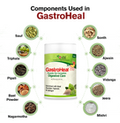 Gastro Heal powder packaging with ingredients listed around it on a white background