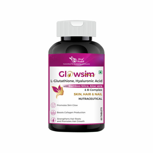 Bottle of Glowsim supplement with purple label on a white background