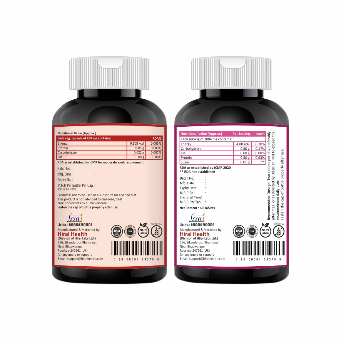 Hemral+ and PCOS supplement bottles with red labels on a white background