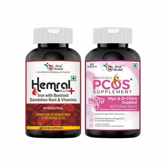 Two supplement bottles labeled 'Hemral Plus' and 'PCOS Supplement' on a white background.