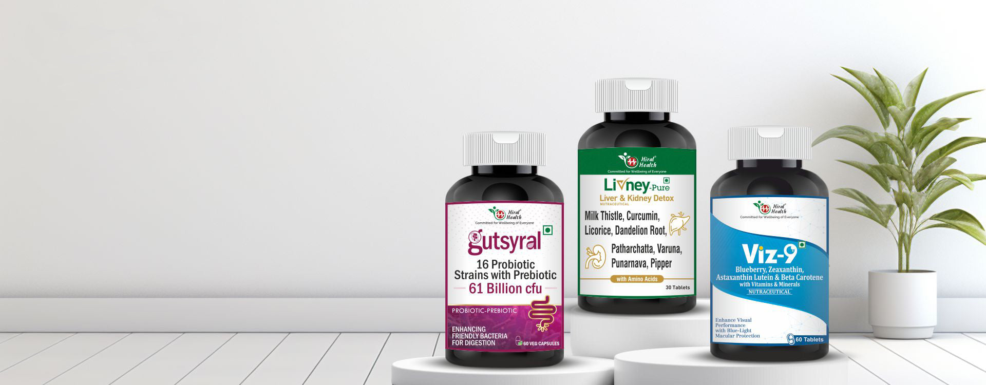 Three supplement bottles on a white surface with a plant in the background