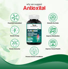 Antioxidant supplement bottle with health benefits listed on a green and white background