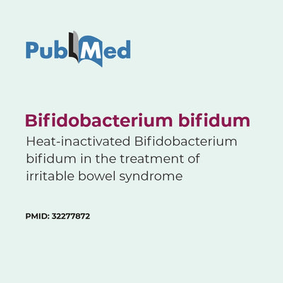 PubMed logo with text about Bifidobacterium bifidum in the treatment of irritable bowel syndrome on a light gray background.
