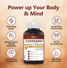 Caffeine supplement bottle with promotional text and icons on a beige background