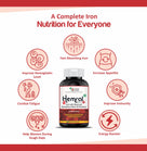 Bottle of Hemral Iron supplement with icons and text highlighting its benefits on a white background.