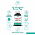 Guard Age supplement bottle with health benefits on a white background