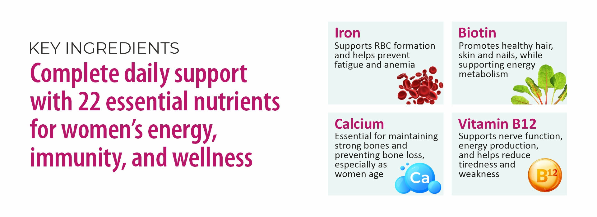 Product label detailing key ingredients for women's health with images and text.
