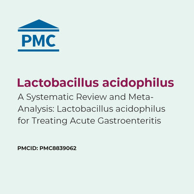 Title slide for a systematic review on Lactobacillus acidophilus treating acute gastroenteritis with PMC logo.