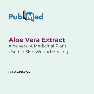 PubMed logo with text about Aloe Vera Extract and skin wound healing on a light blue background