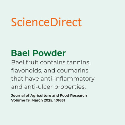 ScienceDirect citation for Bael Powder with text about its properties on a light gray background.