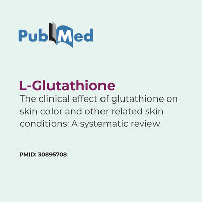 PubMed logo with text about L-Glutathione and a systematic review on skin conditions.