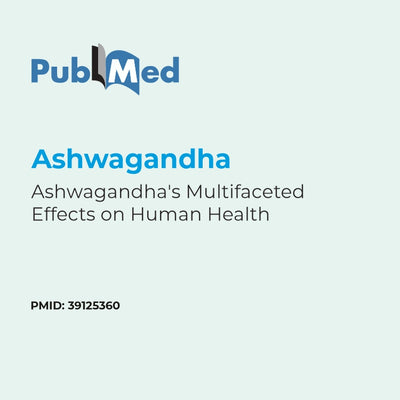 Cover of a PubMed article on Ashwagandha with text and logo.