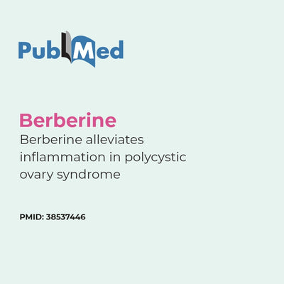PubMed logo with text about Berberine alleviating inflammation in polycystic ovary syndrome on a light gray background.