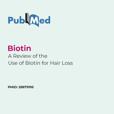 PubMed logo with text about a review of biotin for hair loss on a light gray background