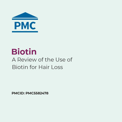 Cover of a scientific review on biotin for hair loss with PMC logo.