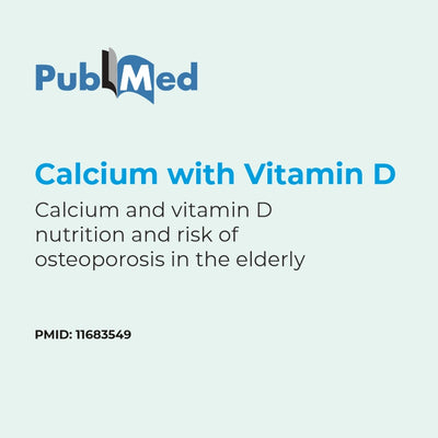 PubMed logo with text about calcium and vitamin D in elderly health on a light blue background