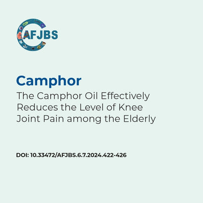 Text about camphor oil's effect on knee joint pain among the elderly, with AFJBS logo.
