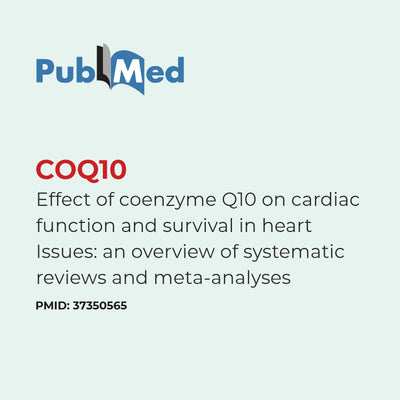 PubMed logo with text about COQ10 and cardiac function on a light blue background