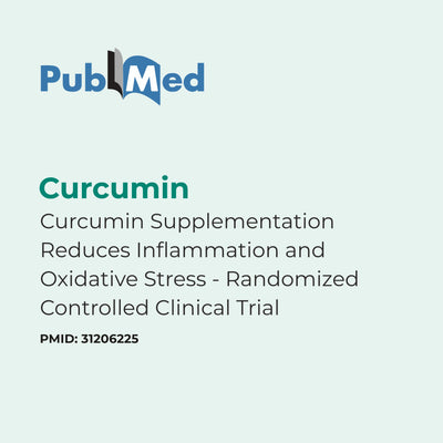 PubMed logo with text about curcumin supplementation study on a light blue background
