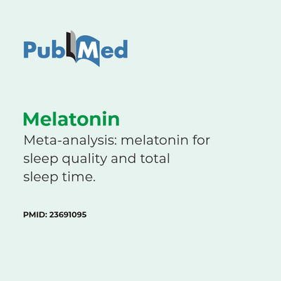 PubMed logo with text about a meta-analysis on melatonin for sleep quality and total sleep time.