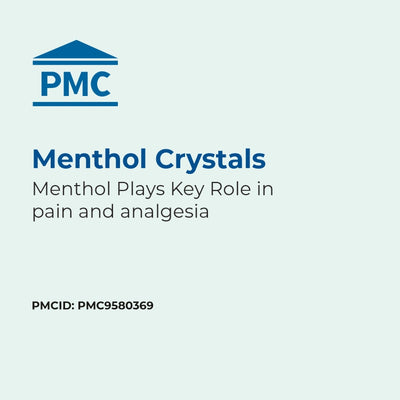 PMC logo with text about menthol crystals and their role in pain and analgesia on a light blue background.