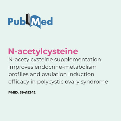PubMed logo with text about N-acetylcysteine supplementation for polycystic ovary syndrome on a light gray background.