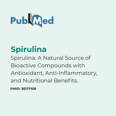 PubMed document about spirulina with text on a light gray background