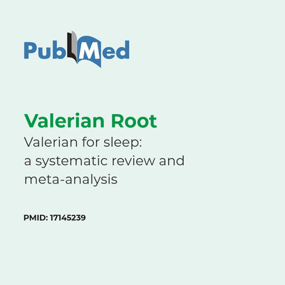 PubMed logo with text about Valerian Root for sleep on a light green background