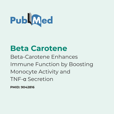 PubMed logo with text about beta carotene's effects on immune function on a light blue background