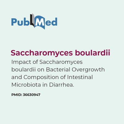 PubMed logo with text about Saccharomyces boulardii and its impact on bacterial overgrowth.