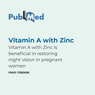 PubMed logo with text about Vitamin A with Zinc benefits on a light blue background