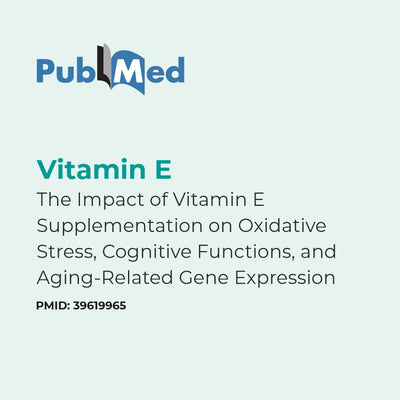 PubMed logo with text about vitamin E supplementation on a light blue background