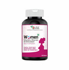 Health supplement bottle for women with a pink label on a white background