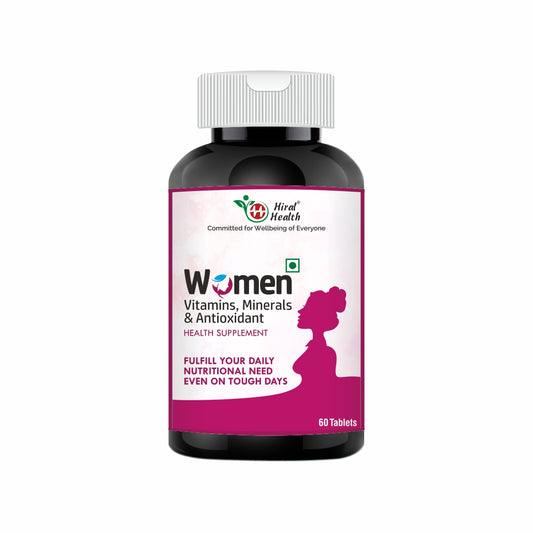 Health supplement bottle for women with a pink label on a white background
