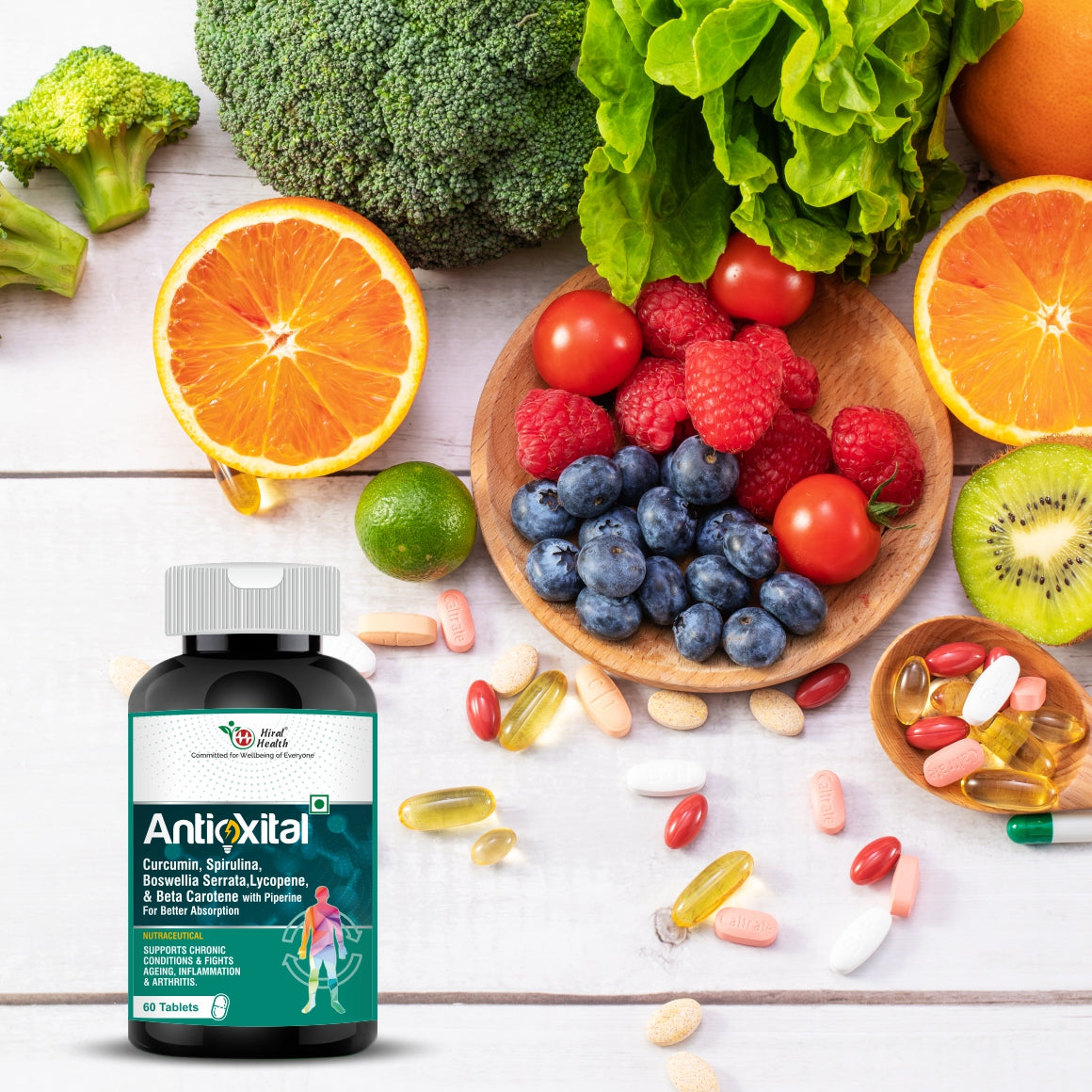 Antioxidant supplement bottle with fruits and vegetables on a wooden surface