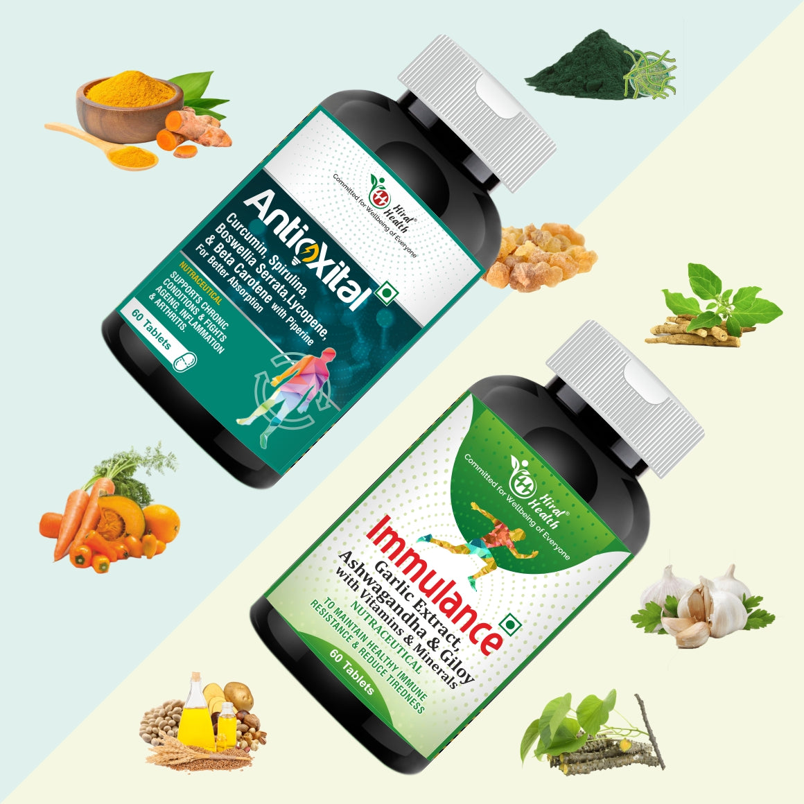 Two supplement bottles labeled 'Antioxital' and 'Immulance' with natural ingredients on a gradient background.