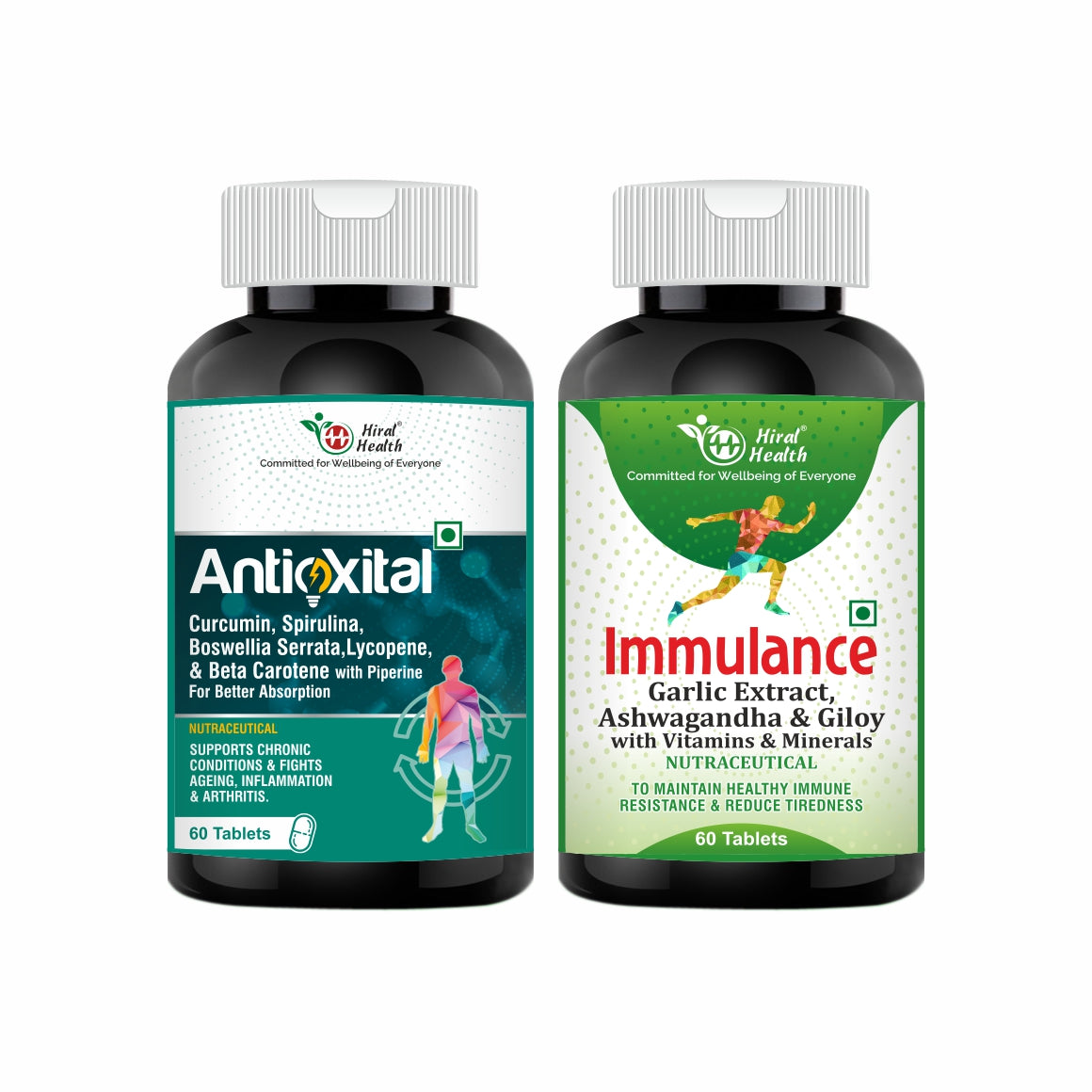 Two bottles of Antioxidant and Immulance supplements on a white background