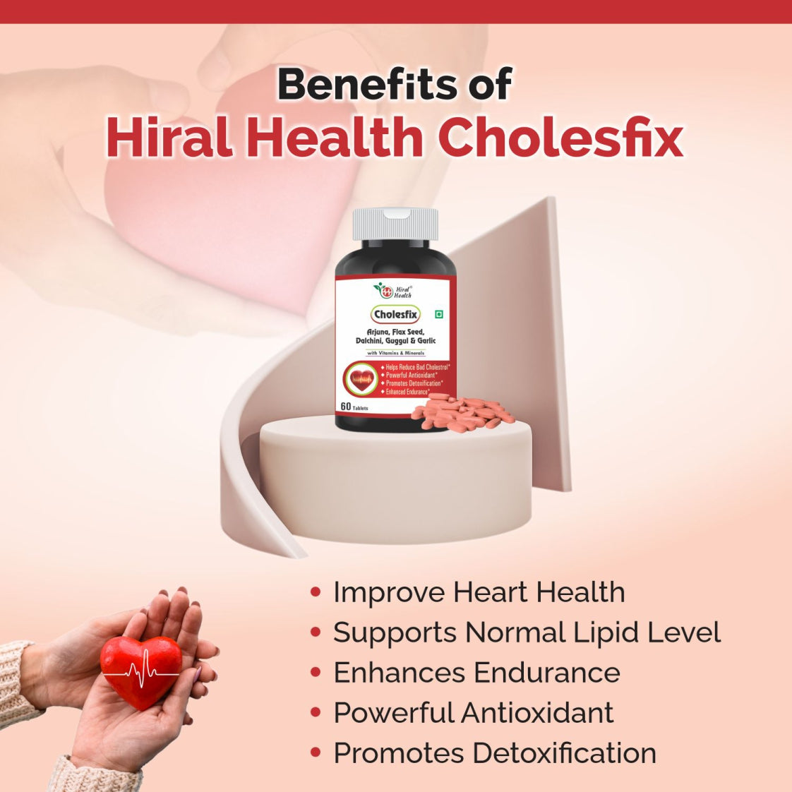 Bottle of Hiral Health Cholesfix with heart and text on a pink background