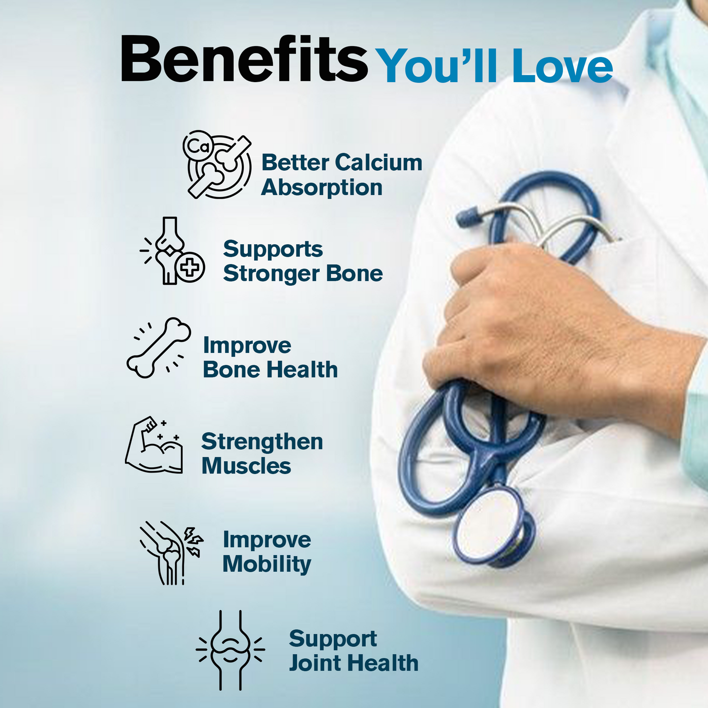 Doctor holding a stethoscope with health benefits listed on a light blue background