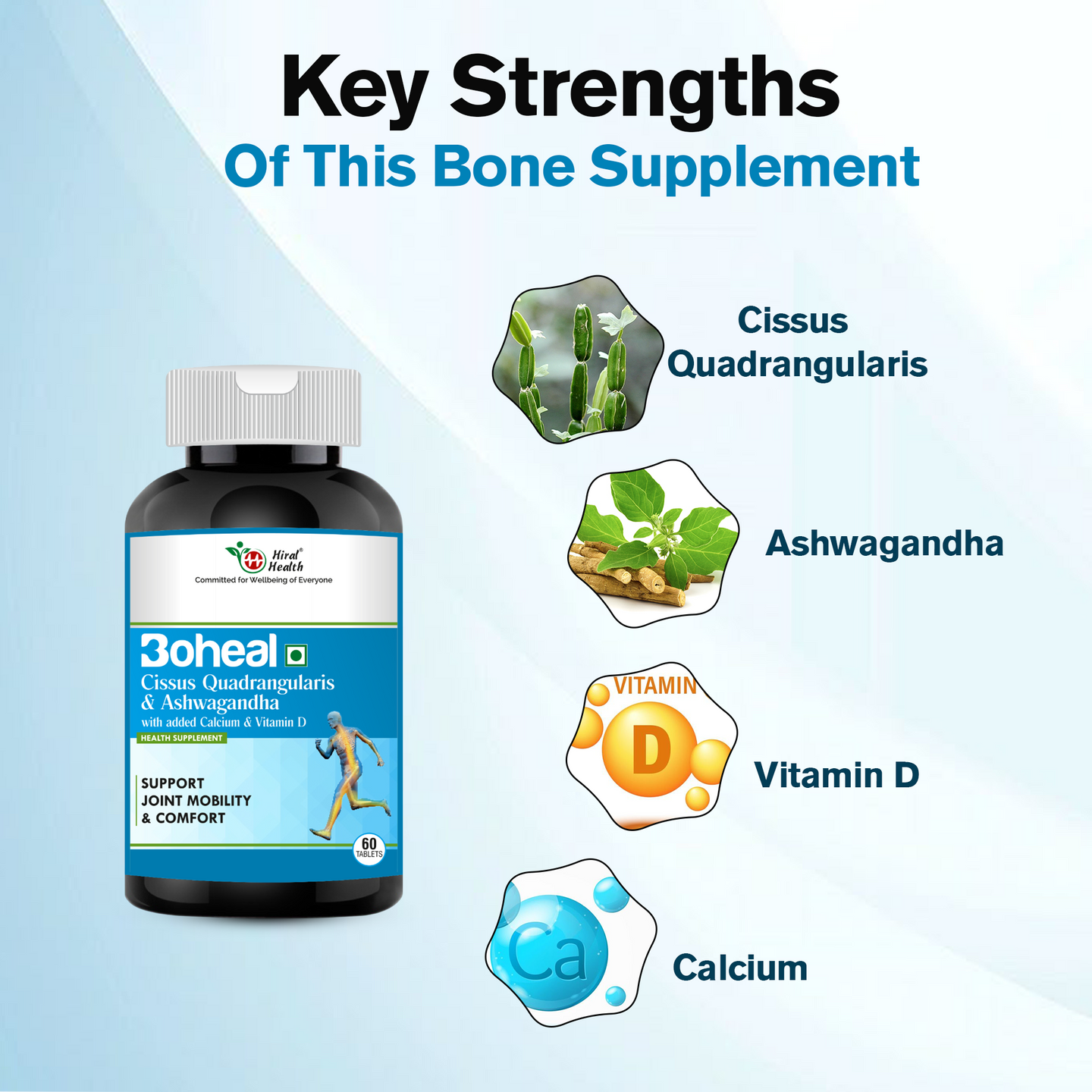Bone supplement bottle with key ingredients displayed on a light blue background
