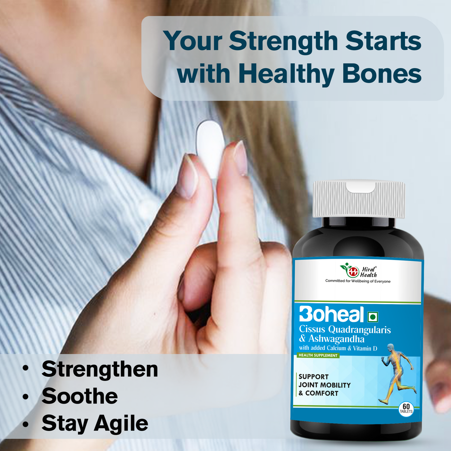 Bottle of Boheal supplement with a hand holding a pill, promoting bone health.