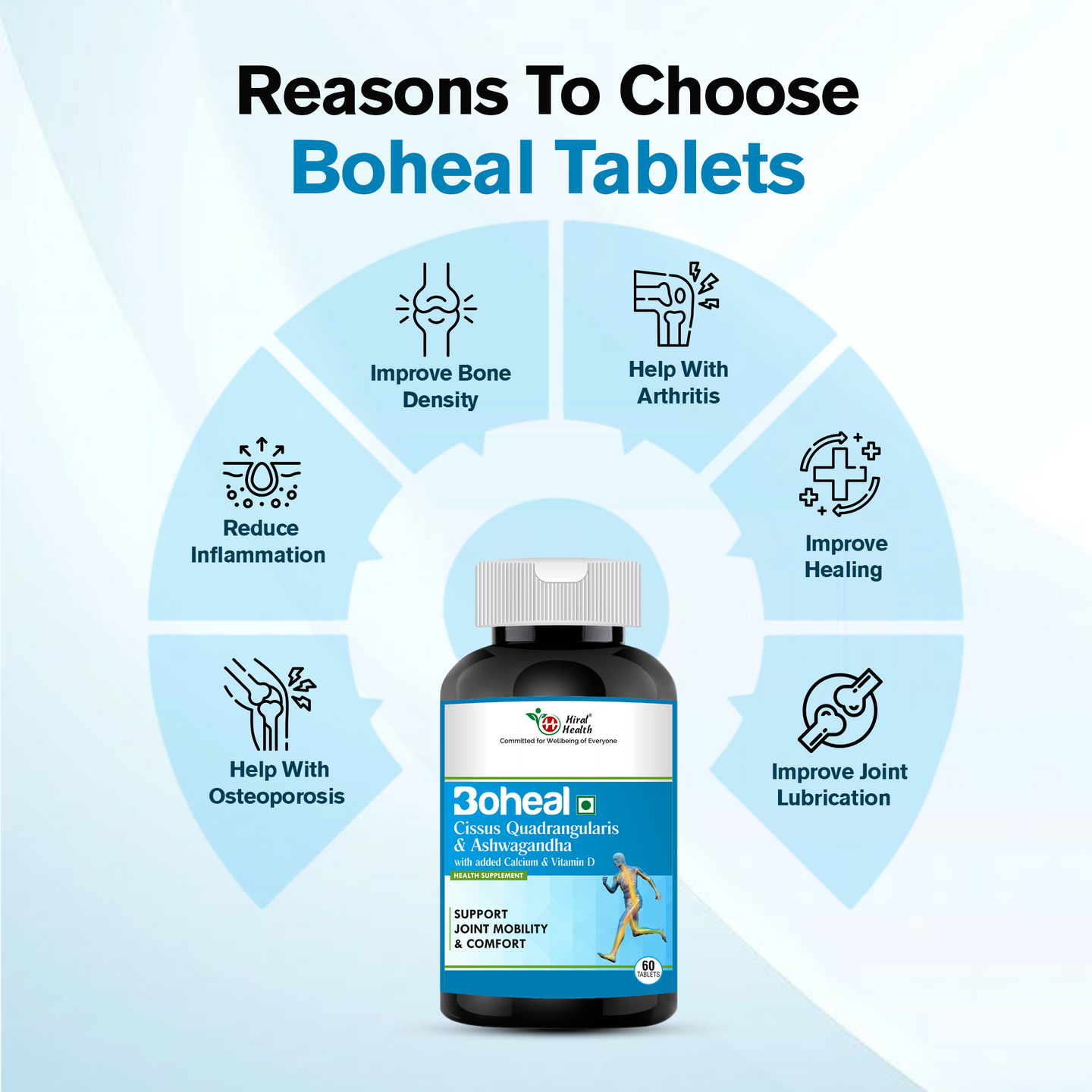 Boheal Tablets bottle with benefits on a light blue background