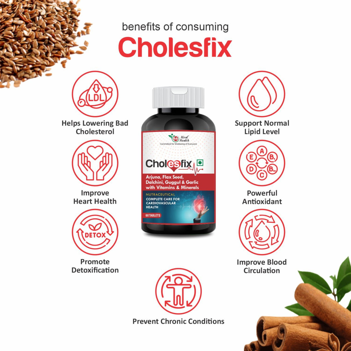 Cholesfix supplement bottle with health benefits listed on a white background