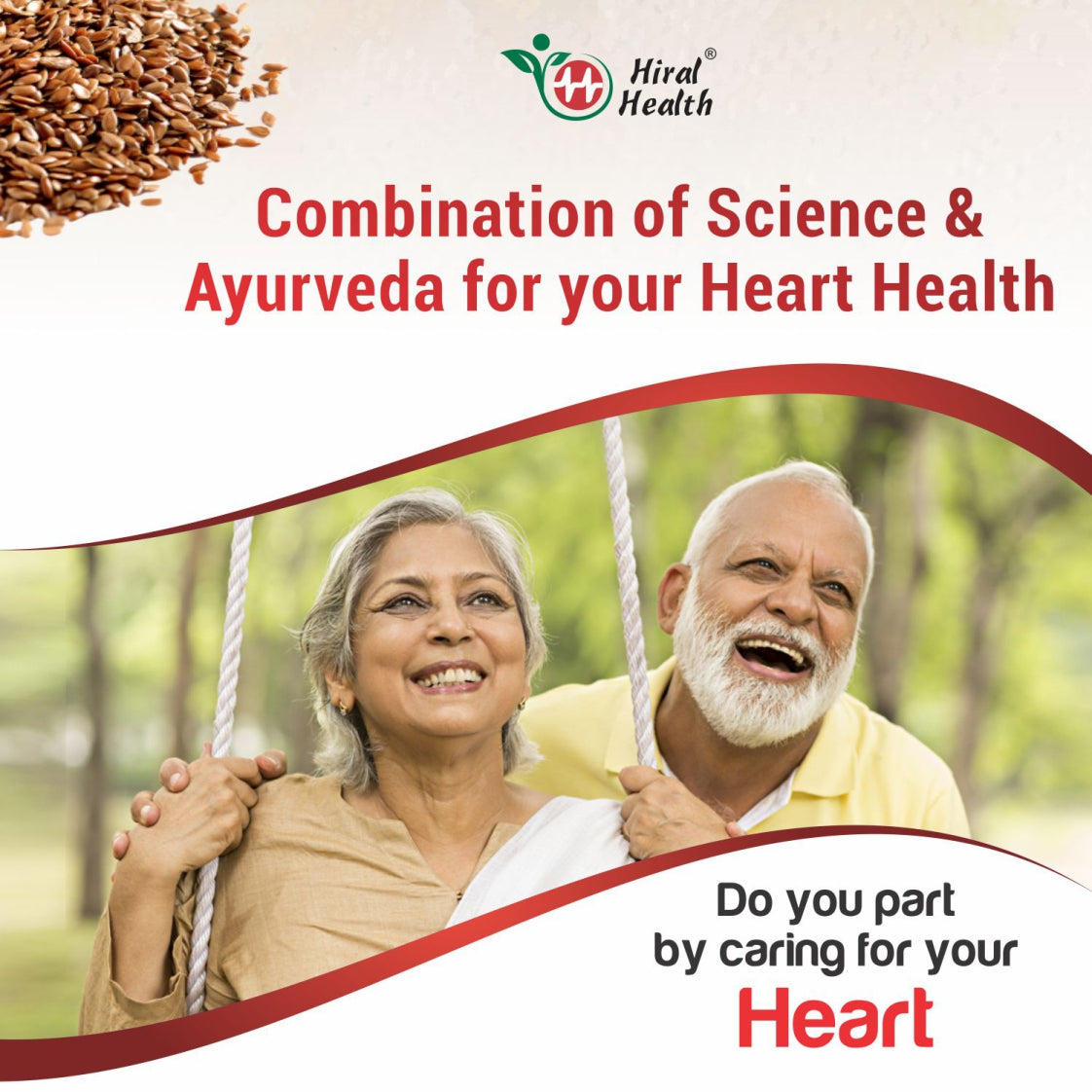 Advertisement for Hiral Health Cholesfix tablets featuring an elderly couple on a swing with text about heart health and Ayurveda.